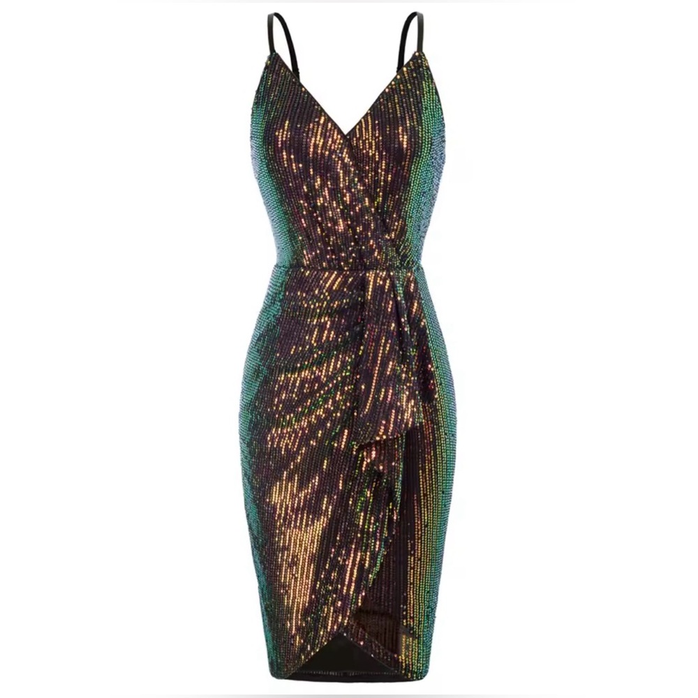 GRACE KARIN Symphony Sexy Sequin Dress Wrap VNeck Ruched Bodycon Spaghetti Strap